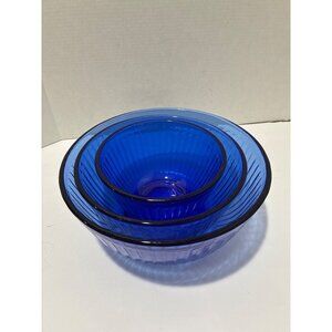Vintage set of 3 Pyrex Ribbed Elegant Cobalt Blue Nesting Bowls USA Rare